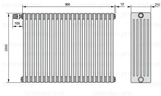 Схема (чертеж) Радиатор Zehnder Charleston 6250/21 №V011 Белый глянцевый RAL 9016